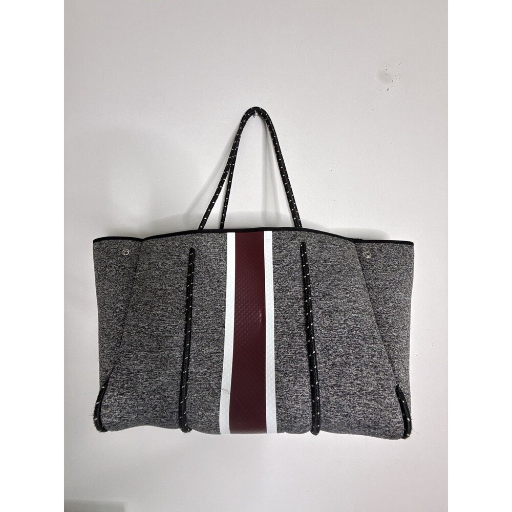 Haute Shore Greyson Gray Neoprene Tote Bag Burgundy Stripe Rope Handles Large